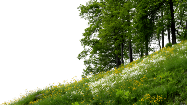 lush greenery on a hillside with trees isolated on white background
