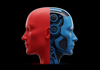 Profile view of a red human head seamlessly merging with a blue robotic head, illustrating the intersection of humanity and artificial intelligence.