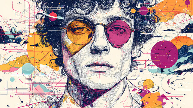 Vibrant abstract portrait of a man with colorful splatters and digital elements in a mixed media composition.