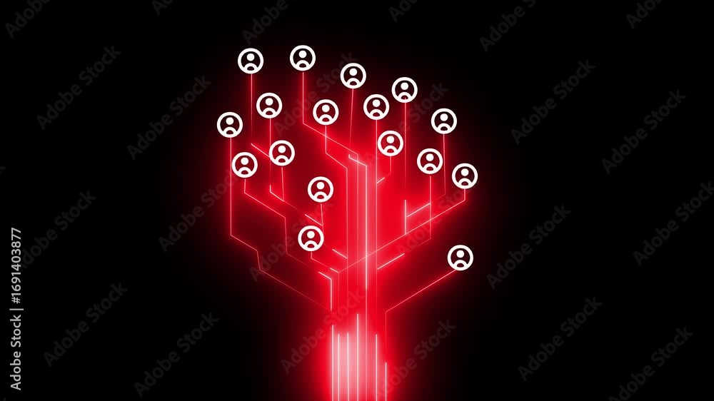 Poster abstract digital network of people icons connected by glowing red circuit board lines on black backg