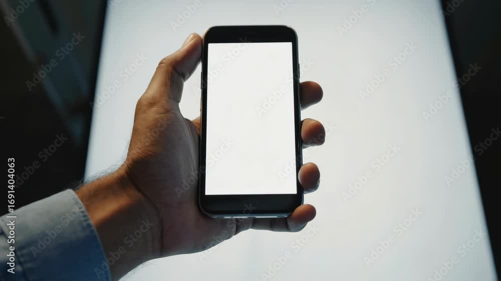 Poster a man is holding a smartphone in front of him, displaying the bright screen with his index finger on