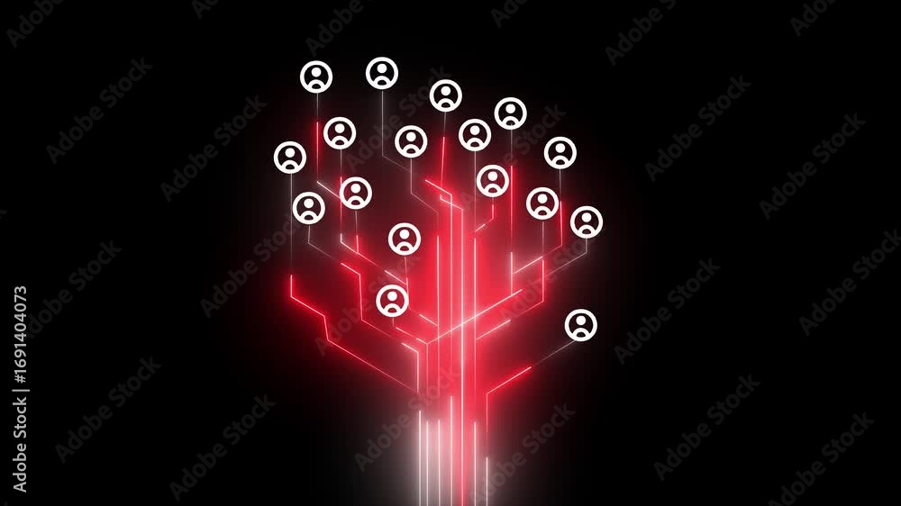 Poster abstract digital network of people icons connected by glowing red circuit board lines on black backg
