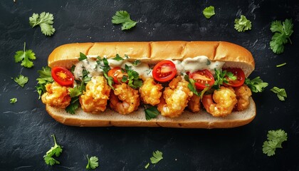 Crispy Cornmeal Shrimp Po' Boy Sandwich With Tomatoes, Cilantro, And Herb Mayo Sauce On Dark Bread, Viewed From Top.