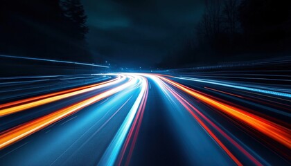 Futuristic Motion Technology: Dynamic Flash Effects And Long Exposure Night Lights On City Roads With Racing Cars And Led Glare Tape. Energy And Power.