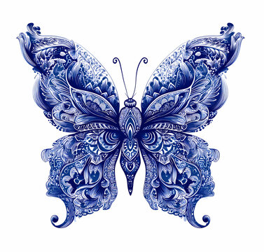 Ornate blue butterfly with intricate designs on its wings displayed prominently on a white background from a front view, file reference nessssssw (275).png