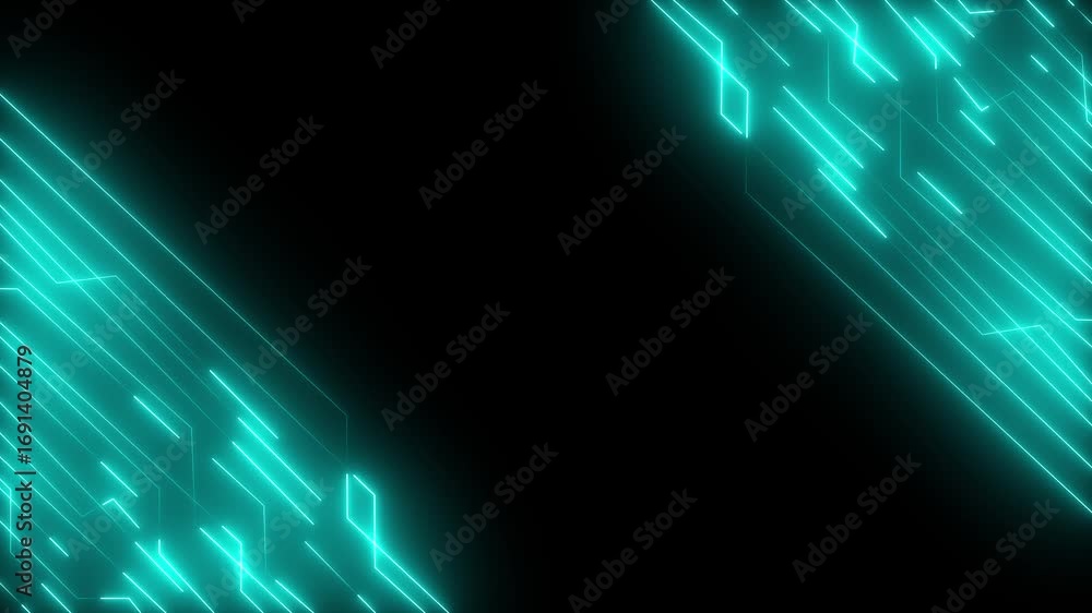 Poster cyan neon lines forming abstract circuit board pattern on black background bright