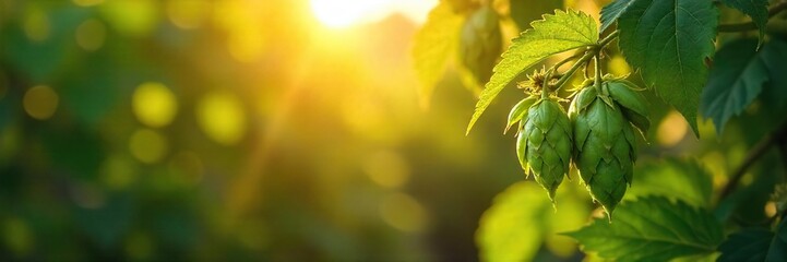 Golden sunlight streams through the leaves illuminating a bountiful harvest of ripe hops and barley, ready for brewing , season, agricultural field, harvest
