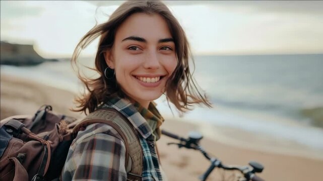 Woman with backpack and bicycle exploring nature. Adventurous travel and outdoor activities.