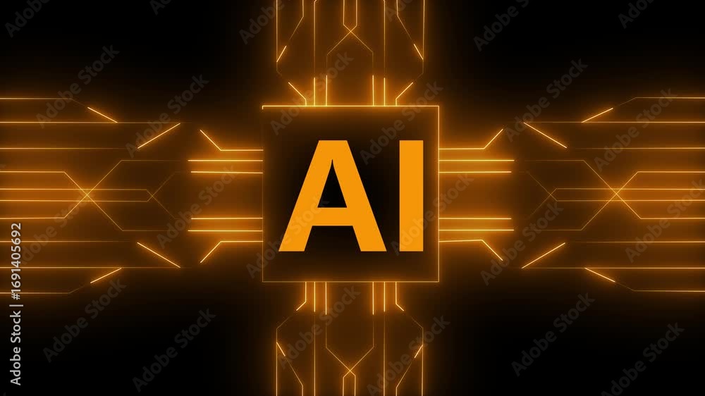 Poster artificial intelligence ai logo glowing orange on a black background with circuit board lines techno