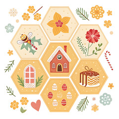 Cozy winter holiday elements arranged in a hexagonal pattern with festive decorations