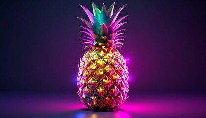 Vibrant, golden pineapple illuminated in neon colors