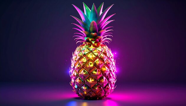 Vibrant, golden pineapple illuminated in neon colors