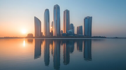 Naklejka premium Sunrise cityscape reflected in tranquil waters.