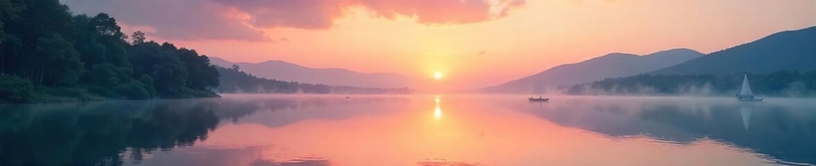 Serene Sunrise Reflecting on Tranquil Lake Pastel Colors, Spiritual Peace, and Gentle Awakening. Ideal for Meditation, Yoga, Mindfulness, and Wellbeing Themes.