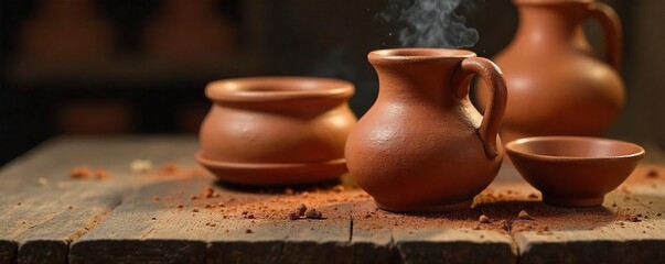 Freshly fired clay pottery cooling on a rustic wooden surface, exhibiting natural textures and earthy tones The warm glow highlights the craftsmanship and organic shapes , porcelain, kiln, heat
