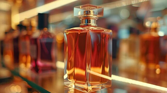 A glass bottle of luxury perfume on display.