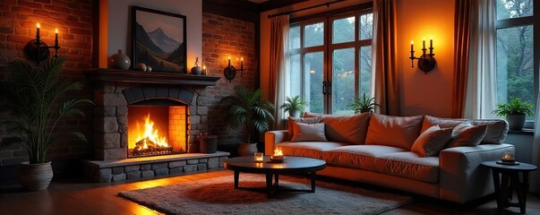 Cozy living room with warm lighting, featuring a fireplace and comfortable furniture, perfect for a relaxing evening , decor, rug