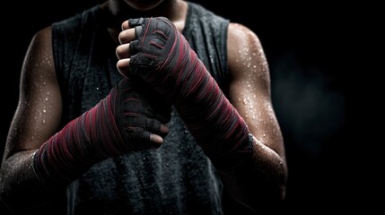 Fighter Tightening Hand Wraps with Intensity Before Match – Editorial Sports Action