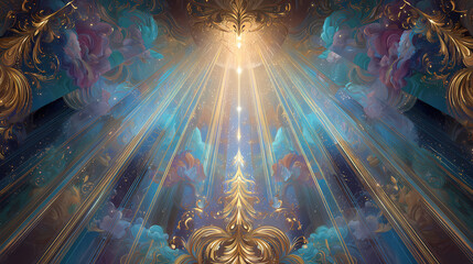 A majestic, ornate ceiling with radiant light rays shining down, surrounded by clouds and golden decorations