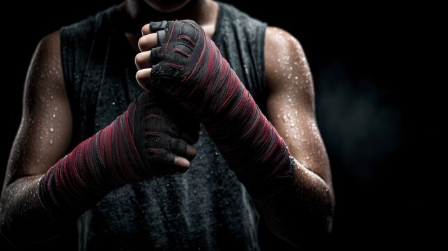Fighter Tightening Hand Wraps with Intensity Before Match – Editorial Sports Action