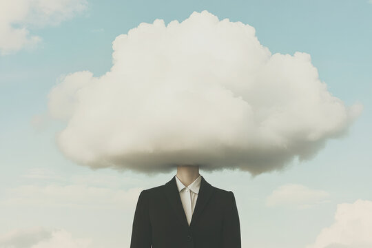 Solitary businessperson in a tailored suit stands beneath a clear blue sky, a large cloud covering the head, creating a surreal, thought provoking portrait.