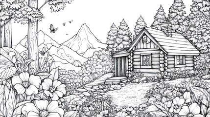 Scenic mountain cabin illustration