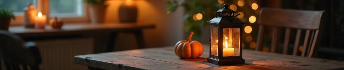 Cozy home interior scene featuring a lit lantern on a rustic wooden table, creating a warm and inviting atmosphere Perfect for autumn, fall, home decor, and hygge themes , fall, vintage, autumn
