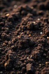 Close-up shot of rich, dark soil with visible texture, roots, and small pebbles; perfect for nature, gardening, and environmental themes , autumn, stone texture