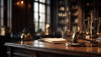 A stately, dimly lit courtroom or legal office