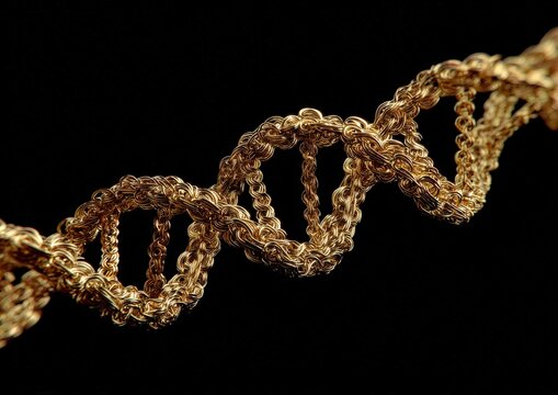 Golden DNA helix against black background - Powered by Adobe