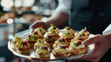 Pastry chef holding a plate of croissant pastries with fruit and cream decorations. Food photography concept for a culinary advertisement. - Powered by Adobe