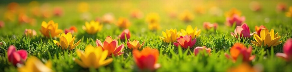 Close-up of vibrant, colorful flower petals scattered on lush green grass outdoors, bathed in sunlight  A perfect image for spring, nature, and floral themes ,  texture,  colorful,  flora
