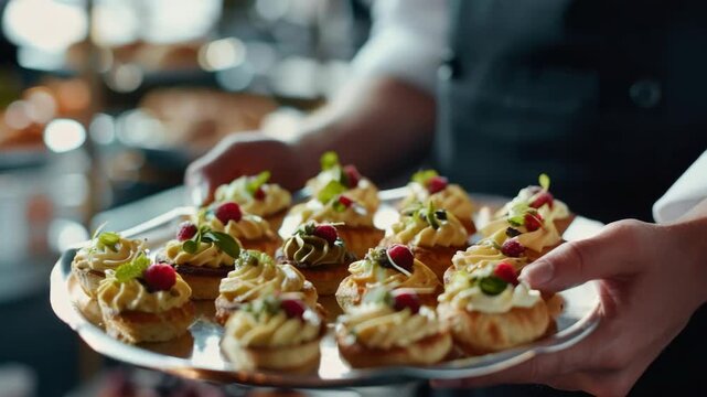 Pastry chef holding a plate of croissant pastries with fruit and cream decorations. Food photography concept for a culinary advertisement.