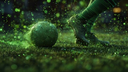 Soccer player kicking a ball in a vibrant green field at night