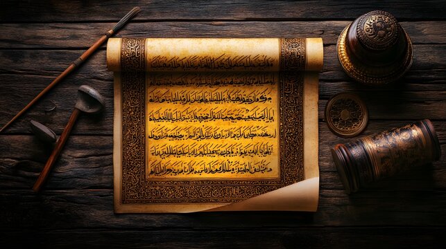 Ancient scroll of religious script on weathered wood.