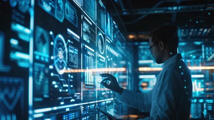 Man in lab coat examining digital interface on computer screen, emphasizing the focus and sophistication of advanced technology. - Powered by Adobe