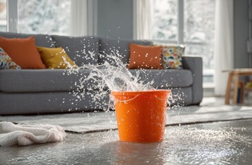 Water splashing into an orange bucket on a wet floor in a living room