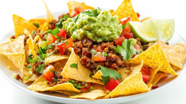 A delicious Mexican-inspired meal featuring spicy black beans, corn chips, guacamole salsa, avocado, and lime. A flavorful dish perfect for a party or casual dinner.