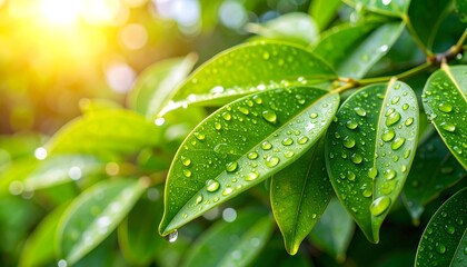 Fresh green leaves covered in morning dew