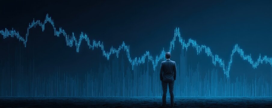 Businessman facing a downward trend graph