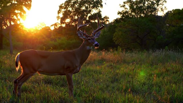 Majestic Buck Deer Silhouetted Against Sunset in Grassy Meadow  Wildlife Photography.