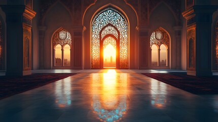 Grand hall with illuminated stained glass arches and sunlight.