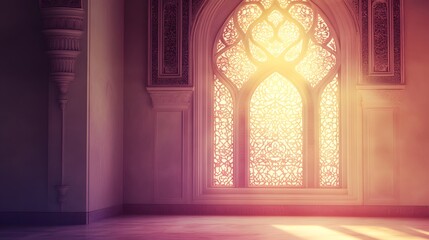 Fototapeta premium Ornate window illuminating a spacious interior room.