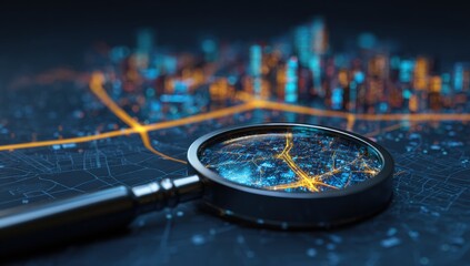 City map magnified through a lens. Abstract digital representation of urban connectivity