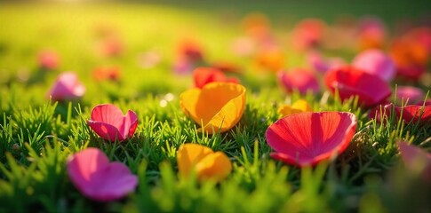 Close-up view of vibrant, colorful flower petals scattered on lush green grass, bathed in soft sunlight A perfect depiction of springtime beauty and natural vibrancy , pretty, flower, detail