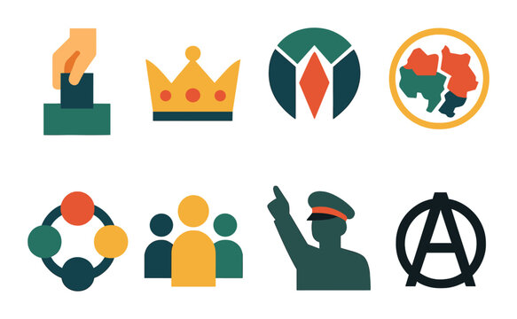 Political and society silhouette icon set. featuring vote, leadership, solidarity, globe, team, protest, and unity symbols.