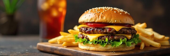 Close-up shot of a juicy burger, crispy fries, and a refreshing soda, perfect for a quick and satisfying lunch , lunch, high calorie