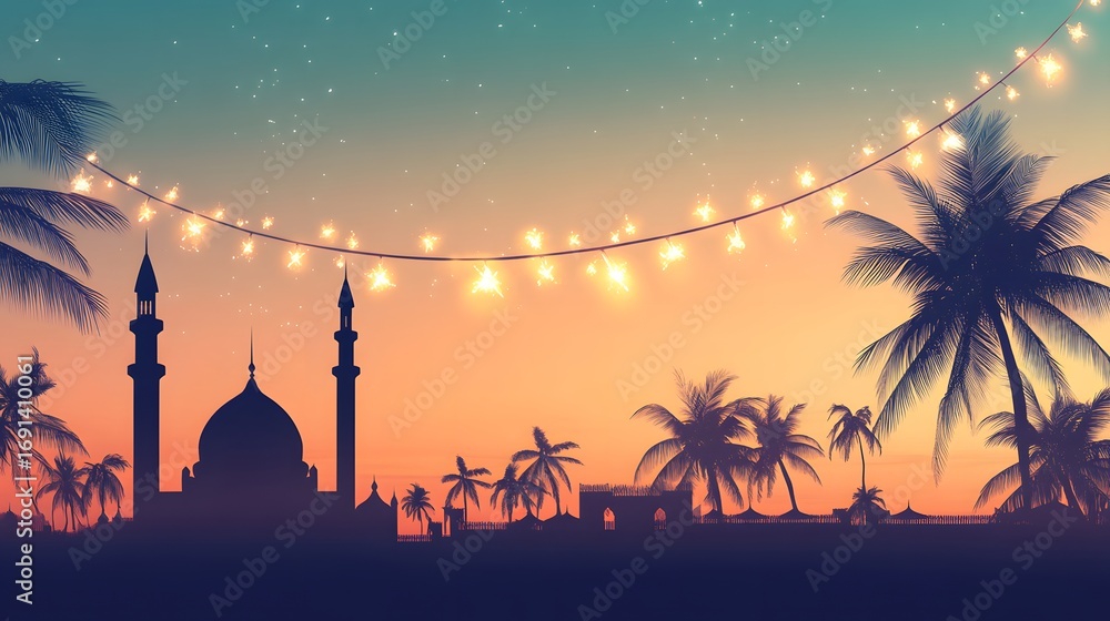 Poster silhouette mosque and palm trees at twilight with string lights.