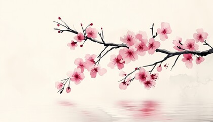 Fototapeta premium Vintage Watercolor Card Featuring A Blooming Oriental Cherry Branch In Classic Japanese Sumi-E Style With Hieroglyph Sakura.