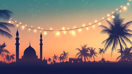 Obraz premium Silhouette mosque and palm trees at twilight with string lights.